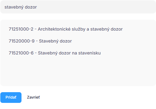 Vyhľadanie CPV kódu v profile spoločnosti cez Pridať CPV